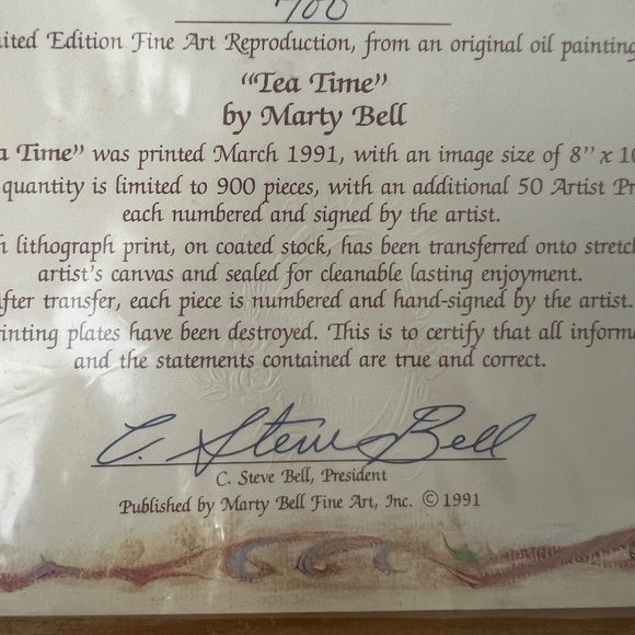 Authentic Limited Edition Signed Art Lithograph Tea Time by Marty Bell and Frame - Picture 12 of 12